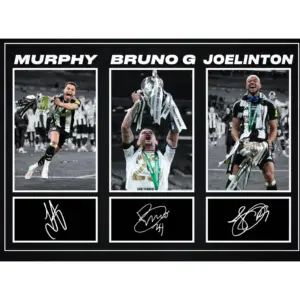 ALAYRA Bruno Guimaraes, Joelinton & Jacob Murphy Newcastle United 2024/5 Carabao Cup Signed A4 Montage Autograph Photo Print WIth Pre Printed Signatures Which Would Make A Superb Gift For Any Fan. 01