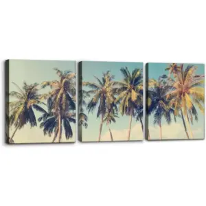 ALAYRA Canvas Print Wall Art Set Row of California Palm Trees & Blue Sky Nature Wilderness Photography Realism Chic Scenic Seaside Landscape Pictures Giclee Artwork Stretched Framed - 12"x16"x3 Panels