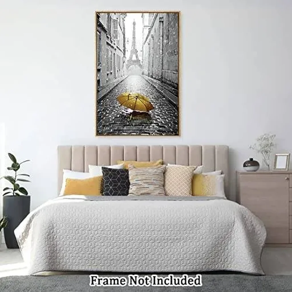 ALAYRA Canvas Prints Wall Art For Home and Office Wall Decoration Yellow Umbrella And Eiffel Tower Canvas Artwork Print Painting Picture Landscape Modern Abstract Unframe Wall Art for Living Room Bedr - Image 5