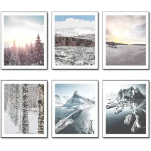 ALAYRA Canvas Prints Winter Sunset Snow Landscape Nature Mountains Glacier Ground Scene Snow Forest Wall Art Prints Wall Decor Set of 6 without Frame (8"x10" UNFRAMED) 01