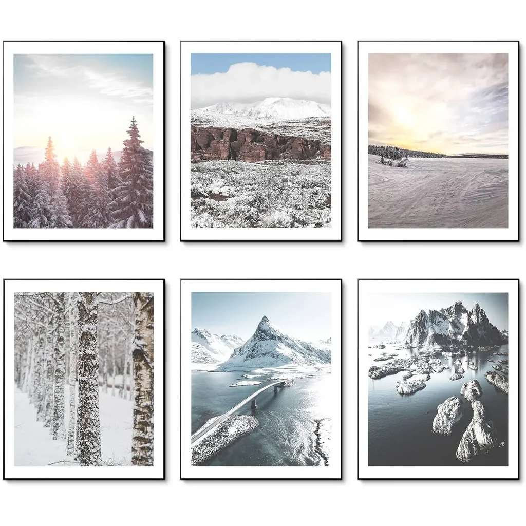 ALAYRA Canvas Prints Winter Sunset Snow Landscape Nature Mountains Glacier Ground Scene Snow Forest Wall Art Prints Wall Decor Set of 6 without Frame (8"x10" UNFRAMED) 01