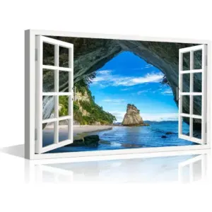 ALAYRA Canvas Wall Art 3D Window Effect Cave at Cathedral Cove Coromandel Painting for Living Room Bathroom Hang Pictures Wall Artwork Office Canvas Art Prints Framed Ready to Hang 16x24inch 01