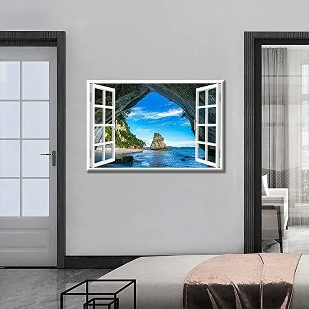 ALAYRA Canvas Wall Art 3D Window Effect Cave at Cathedral Cove Coromandel Painting for Living Room Bathroom Hang Pictures Wall Artwork Office Canvas Art Prints Framed Ready to Hang 16x24inch 01 - Image 2