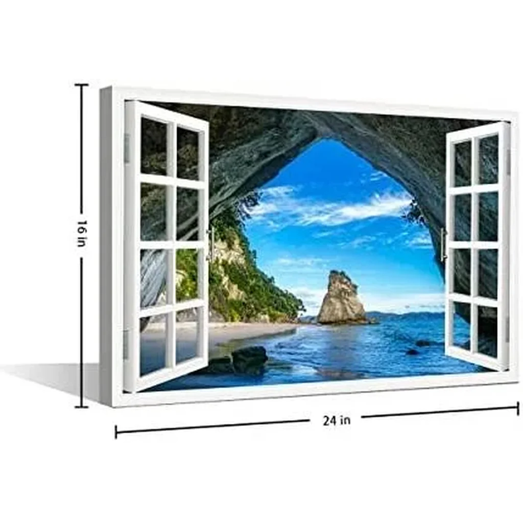 ALAYRA Canvas Wall Art 3D Window Effect Cave at Cathedral Cove Coromandel Painting for Living Room Bathroom Hang Pictures Wall Artwork Office Canvas Art Prints Framed Ready to Hang 16x24inch 01 - Image 3