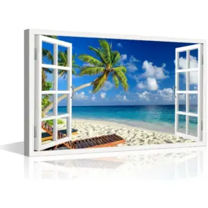ALAYRA Canvas Wall Art 3D Window View Summertime Art Beach Seaside Coconut Tree Picture for Home Office Bathroom Bedroom Stretched Giclee Framed Print Ready to Hang 16x24inch 01