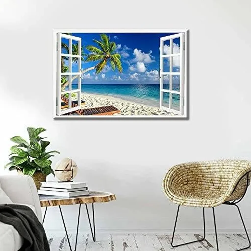 ALAYRA Canvas Wall Art 3D Window View Summertime Art Beach Seaside Coconut Tree Picture for Home Office Bathroom Bedroom Stretched Giclee Framed Print Ready to Hang 16x24inch 01 - Image 2