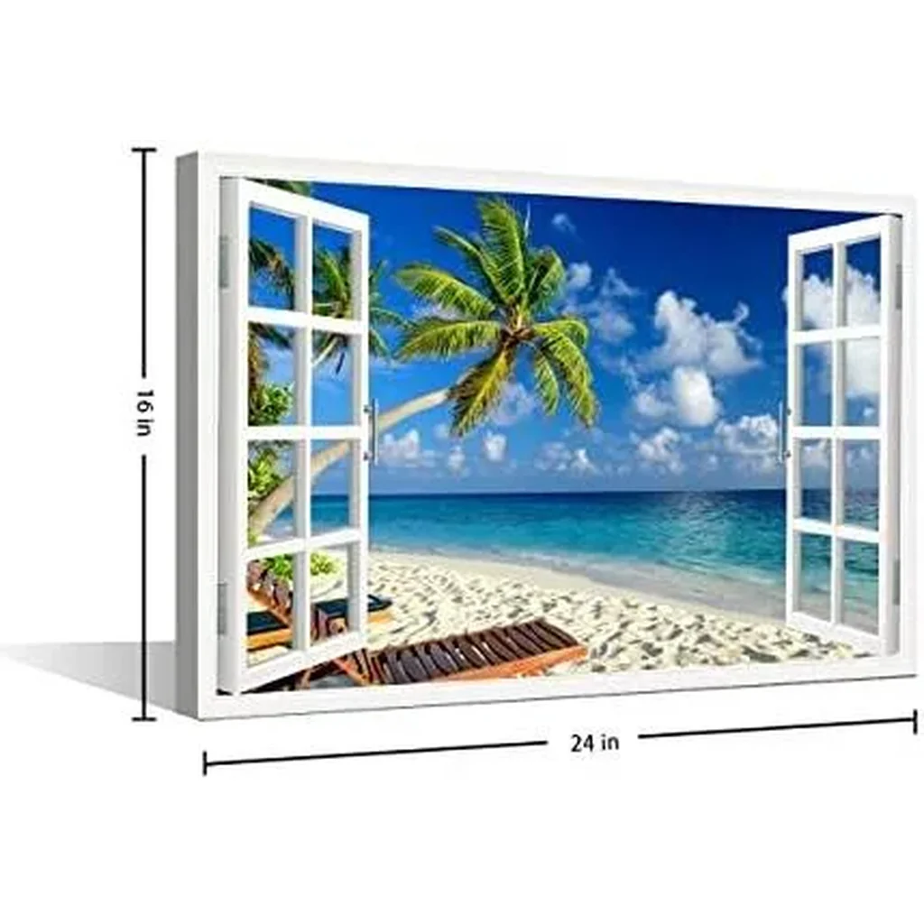 ALAYRA Canvas Wall Art 3D Window View Summertime Art Beach Seaside Coconut Tree Picture for Home Office Bathroom Bedroom Stretched Giclee Framed Print Ready to Hang 16x24inch 01 - Image 3