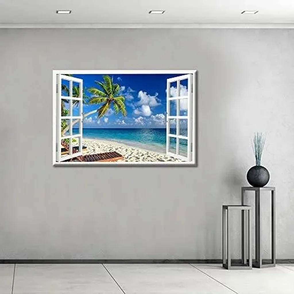 ALAYRA Canvas Wall Art 3D Window View Summertime Art Beach Seaside Coconut Tree Picture for Home Office Bathroom Bedroom Stretched Giclee Framed Print Ready to Hang 36x24inch 01 - Image 2