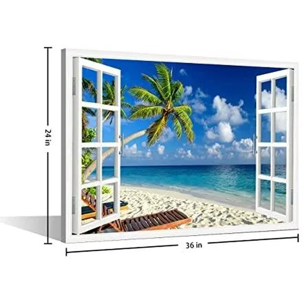 ALAYRA Canvas Wall Art 3D Window View Summertime Art Beach Seaside Coconut Tree Picture for Home Office Bathroom Bedroom Stretched Giclee Framed Print Ready to Hang 36x24inch 01 - Image 3