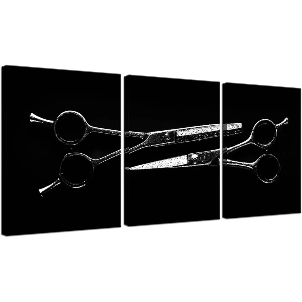 ALAYRA Canvas Wall Art Barber Scissors Tools Hairstyle Haircut Picture Print on Canvas 3 Piece Black White Artwork Great Gift for Barbers Stretched for Barber Shop Salon Room Decoration 01