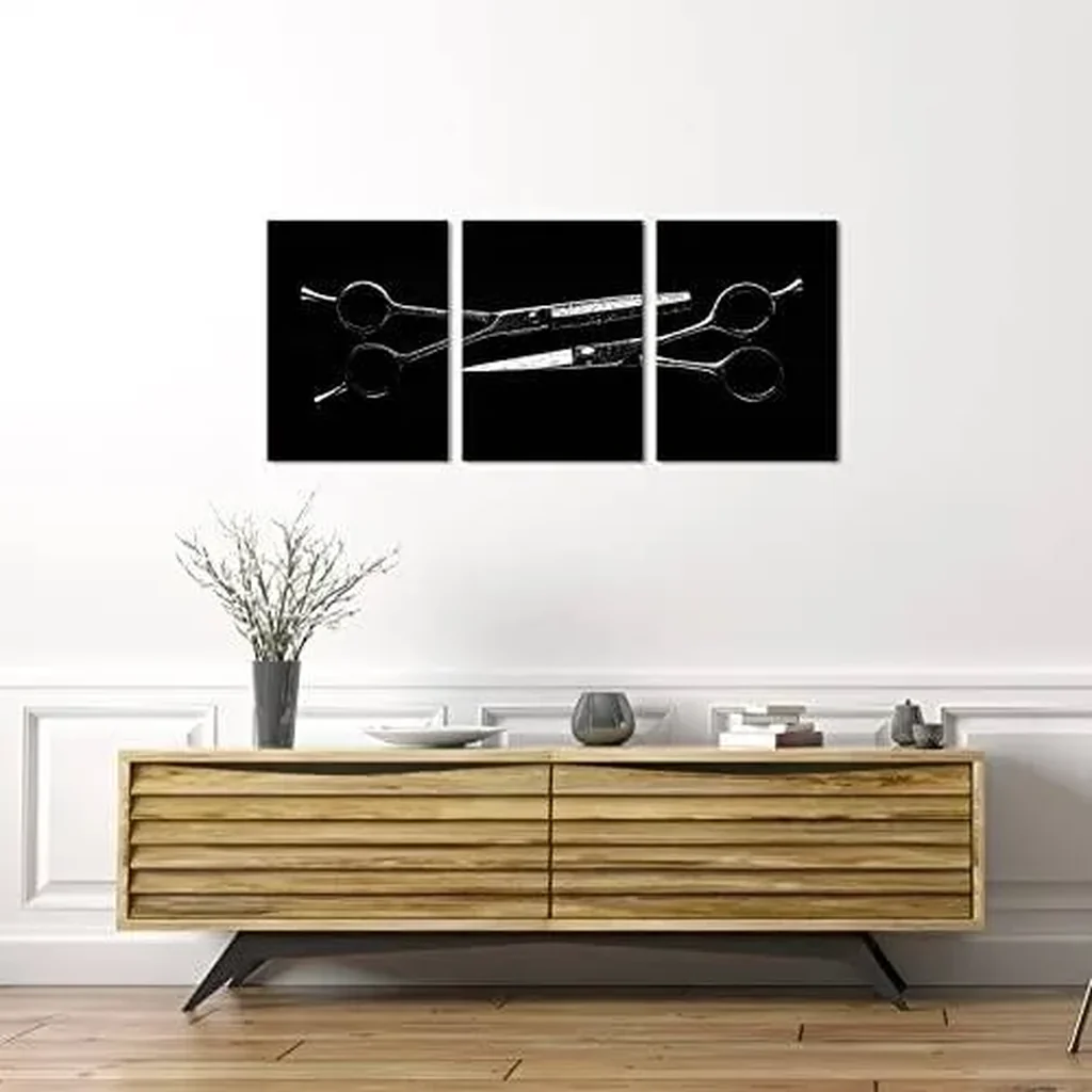 ALAYRA Canvas Wall Art Barber Scissors Tools Hairstyle Haircut Picture Print on Canvas 3 Piece Black White Artwork Great Gift for Barbers Stretched for Barber Shop Salon Room Decoration 01 - Image 3