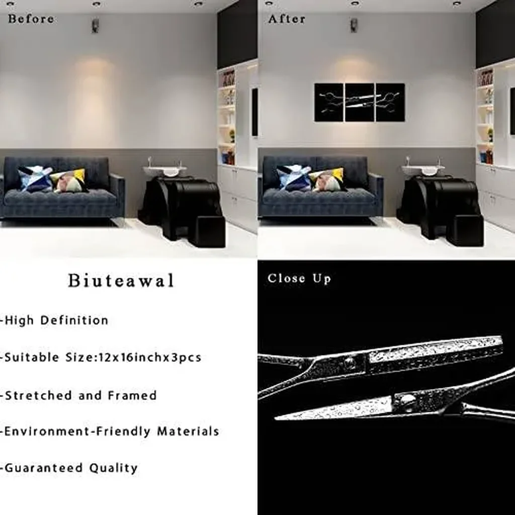ALAYRA Canvas Wall Art Barber Scissors Tools Hairstyle Haircut Picture Print on Canvas 3 Piece Black White Artwork Great Gift for Barbers Stretched for Barber Shop Salon Room Decoration 01 - Image 4