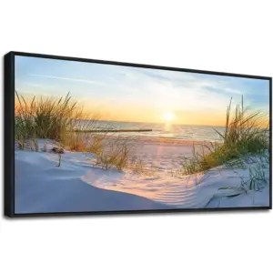 ALAYRA Canvas Wall Art For Living Room Large Wall Decor For Office Bedroom Poster Art Prints Sun Seascape Wall Painting Blue Ocean Pictures Artwork For Walls Black Wood Framed 24" X 48" 01