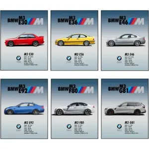 ALAYRA Car Poster BMW M3 series 8x10 Inch 6 Posters for Bedrooms for Boys Offices or Man Caver for Garage E30 E46 E92 F80 G81 Unframed 01