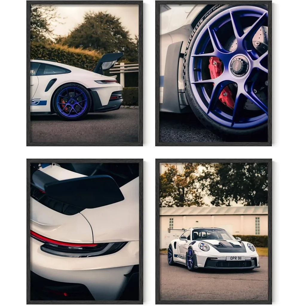 ALAYRA Car Poster Canvas Wall Art, White modern classic supercar poster wall art decoration, Sports Car Art Prints, Posters For Men Bedroom Aesthetics Decor Set of 4 (8x10Inches, Unframed). 01