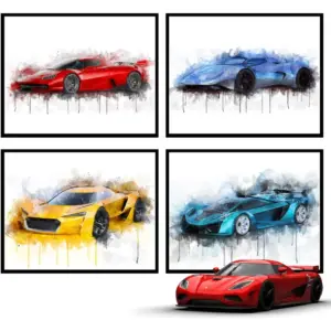 ALAYRA Car Posters for Boys Room Car Poster Race Car Poster - Set of 4 (8x10") Kids Posters For Boys Room Cars Poster Race Car Bedroom Decor For Boys, Sports Car Poster Car Wall Decor Exotic Cars - Un