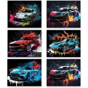 ALAYRA Car Wall Art Prints, Modern Car Posters, Street Racing Car Posters Fashion Wall Decor, Colorful Landscape Car Paintings Boys Room Ga Room Wall Decoration Set of 6(10"x8" Unframed) 01