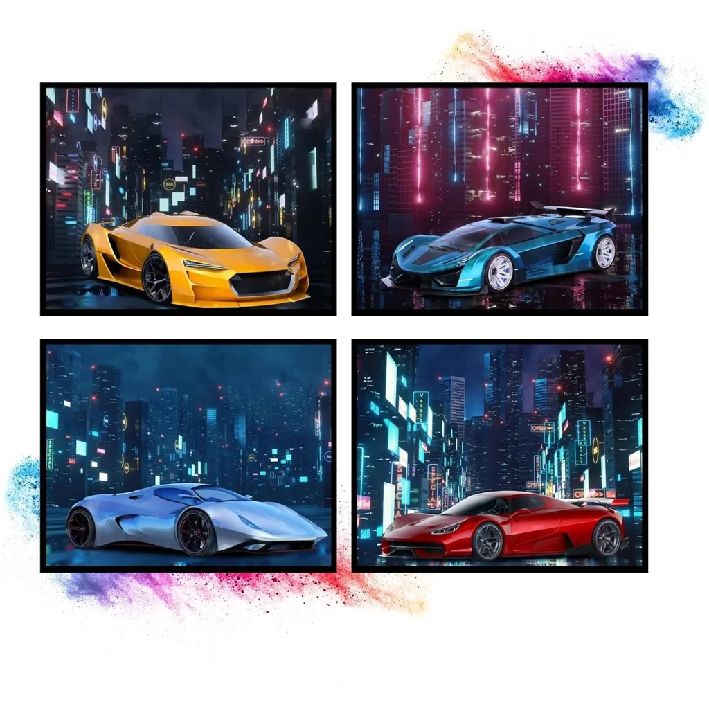 ALAYRA Car Wall Art, Car Poster, Car Posters for Boys Room - Set of 4 (10x8) Race Car Poster Sports Car Posters For Boys Room Exotic Car Posters - Sports Car Poster Supercar Poster - UNFRAMED 01