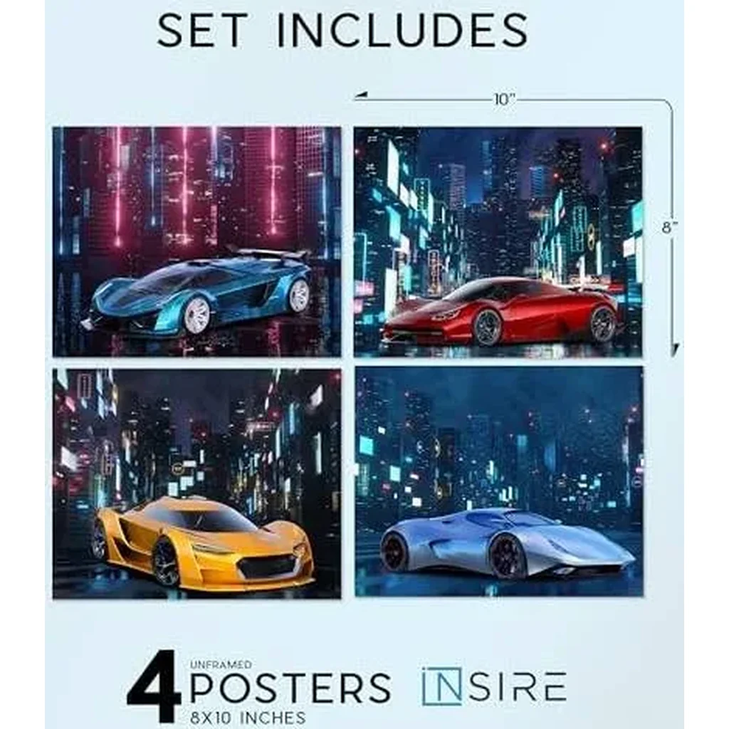 ALAYRA Car Wall Art, Car Poster, Car Posters for Boys Room - Set of 4 (10x8) Race Car Poster Sports Car Posters For Boys Room Exotic Car Posters - Sports Car Poster Supercar Poster - UNFRAMED 01 - Image 2