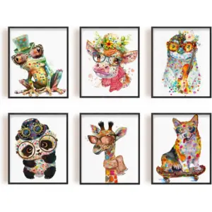 ALAYRA Cartoon Animal Wall Art Canvas Print Colourful Funny Animals Wall Painting Mist Cow Penguin Panda Giraffe Dog Pictures for Bedroom Children's Room Decoration Unframed 6pcs/set 01