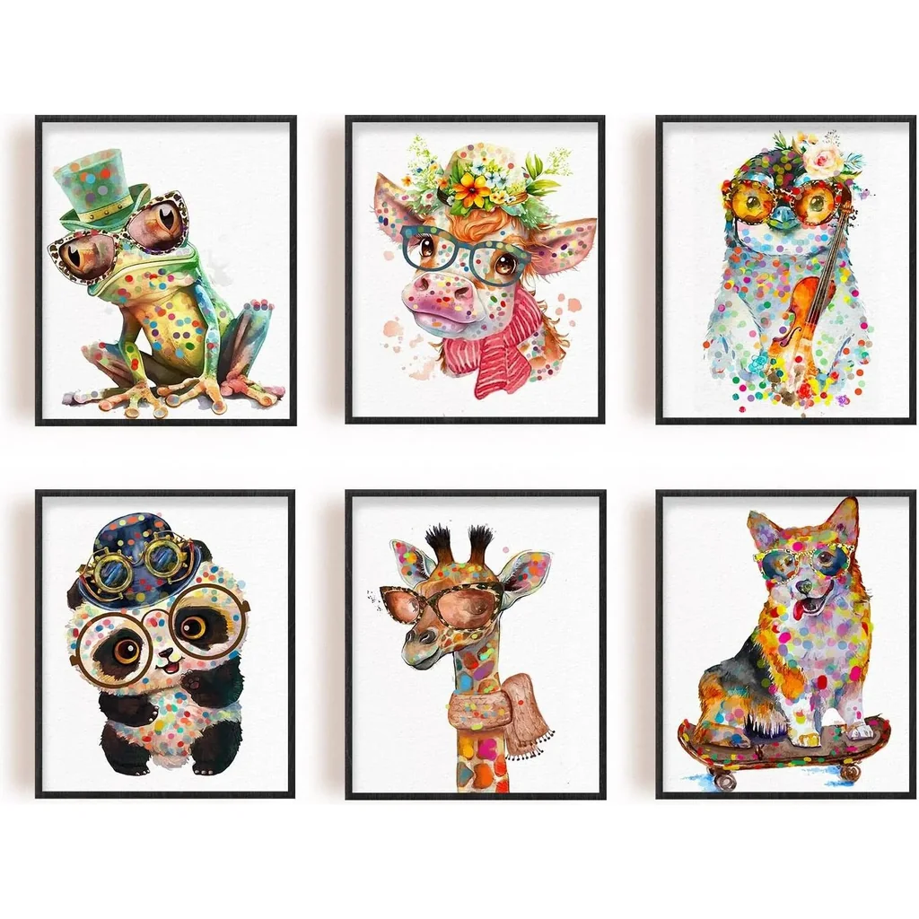 ALAYRA Cartoon Animal Wall Art Canvas Print Colourful Funny Animals Wall Painting Mist Cow Penguin Panda Giraffe Dog Pictures for Bedroom Children's Room Decoration Unframed 6pcs/set 01