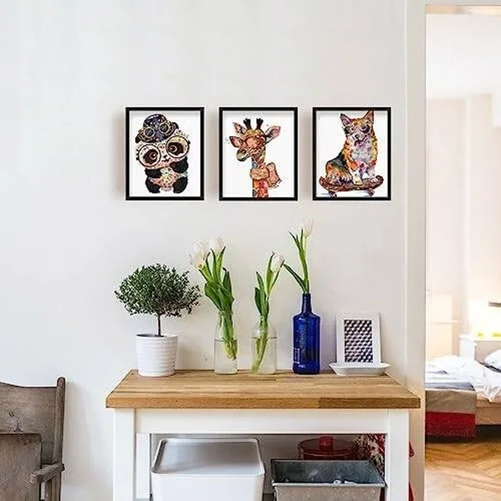 ALAYRA Cartoon Animal Wall Art Canvas Print Colourful Funny Animals Wall Painting Mist Cow Penguin Panda Giraffe Dog Pictures for Bedroom Children's Room Decoration Unframed 6pcs/set 01 - Image 2