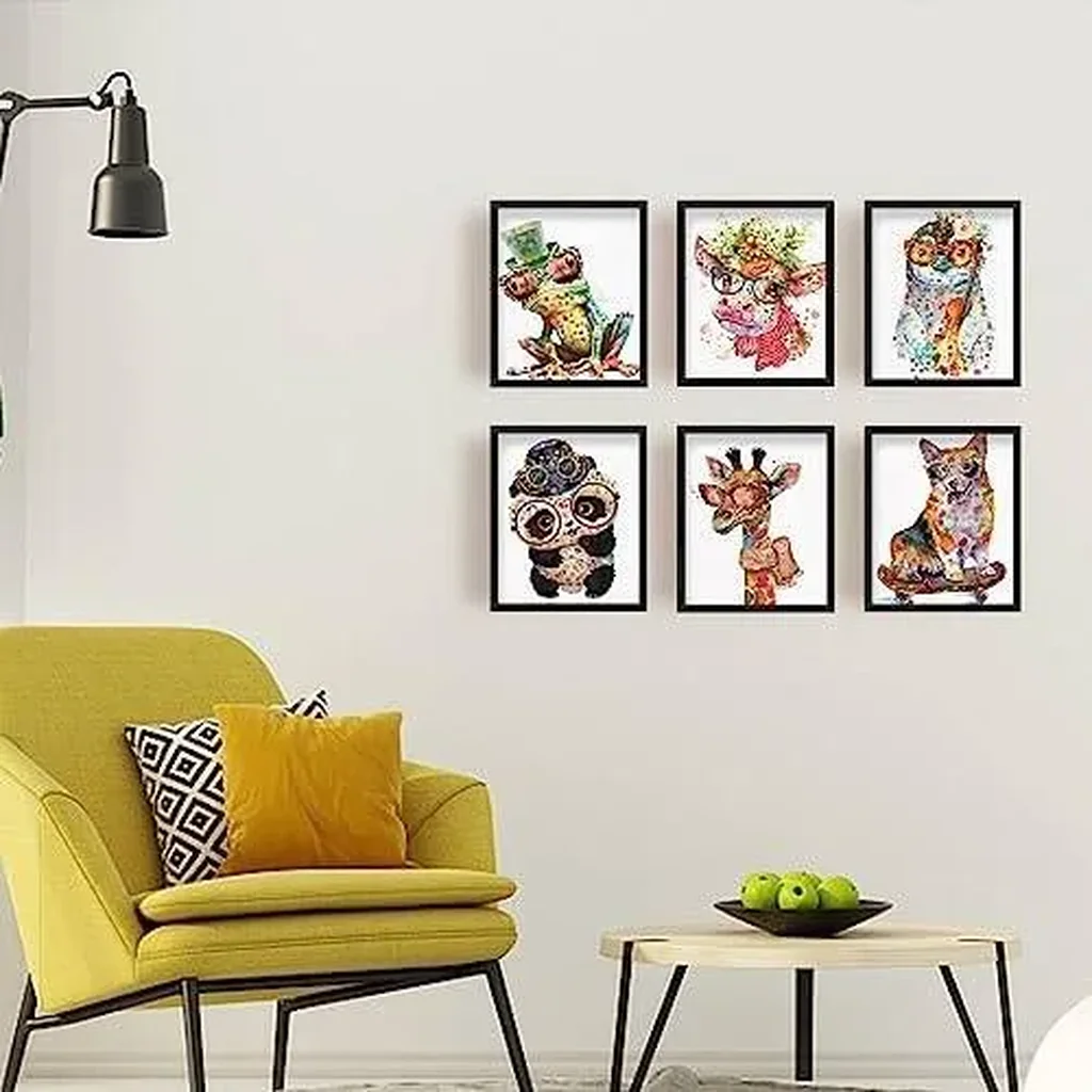 ALAYRA Cartoon Animal Wall Art Canvas Print Colourful Funny Animals Wall Painting Mist Cow Penguin Panda Giraffe Dog Pictures for Bedroom Children's Room Decoration Unframed 6pcs/set 01 - Image 3