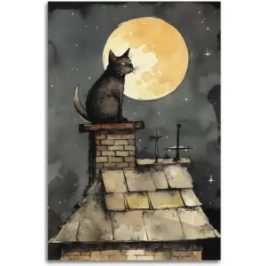 ALAYRA Cat Poster Cat in The Moonlight Bored Cat on The Roof Kids Bedroom Cat Wall Decor Poster Decorative Painting Canvas Wall Art Living Room Posters Bedroom Painting 16x24inch(Unframed) 01