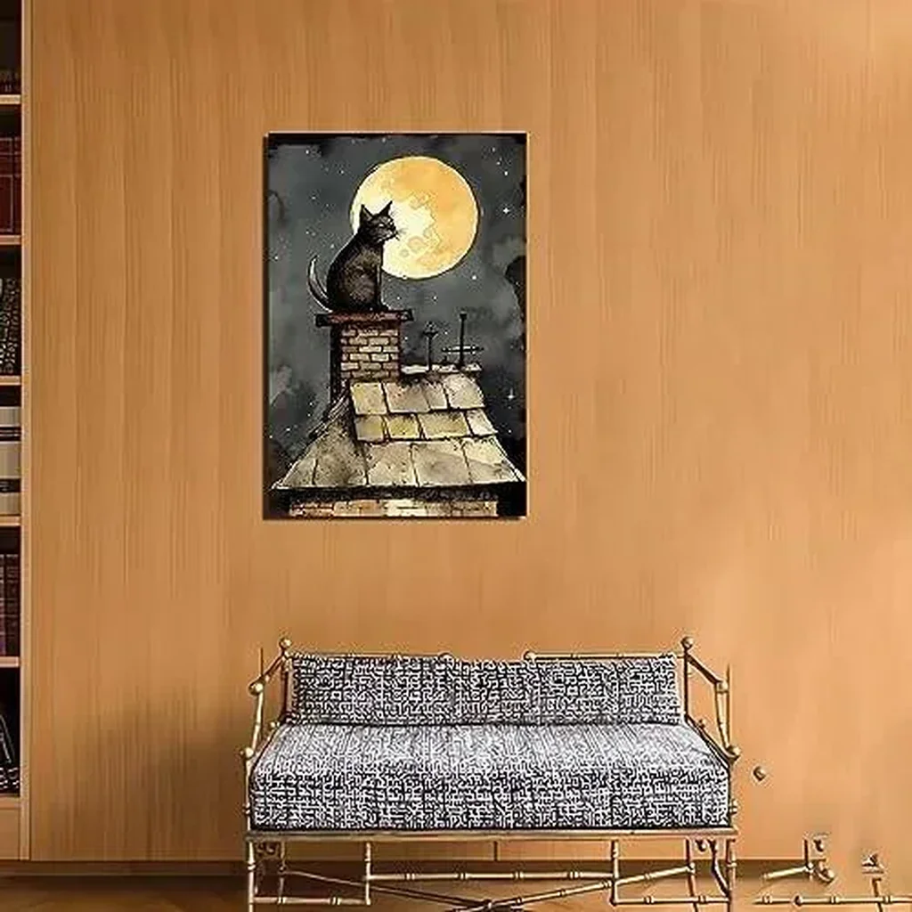 ALAYRA Cat Poster Cat in The Moonlight Bored Cat on The Roof Kids Bedroom Cat Wall Decor Poster Decorative Painting Canvas Wall Art Living Room Posters Bedroom Painting 16x24inch(Unframed) 01 - Image 2
