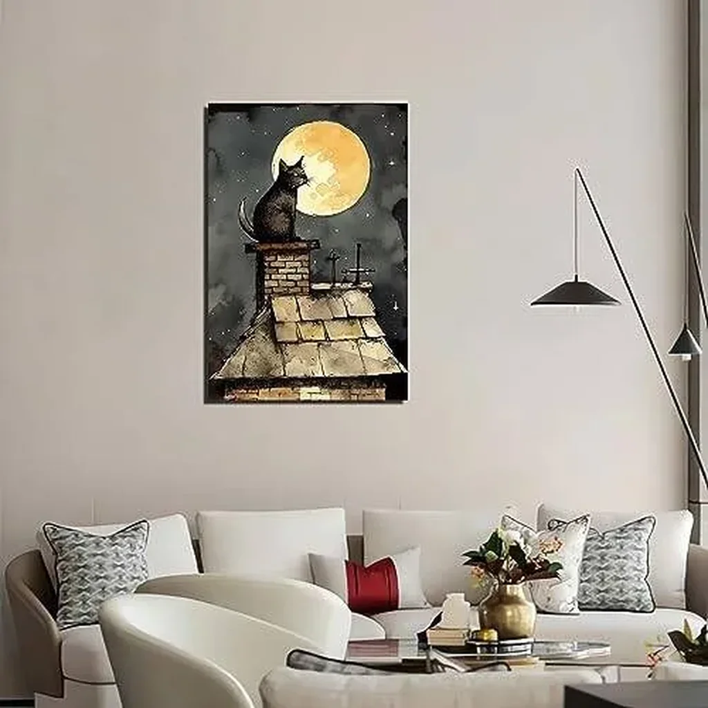 ALAYRA Cat Poster Cat in The Moonlight Bored Cat on The Roof Kids Bedroom Cat Wall Decor Poster Decorative Painting Canvas Wall Art Living Room Posters Bedroom Painting 16x24inch(Unframed) 01 - Image 3