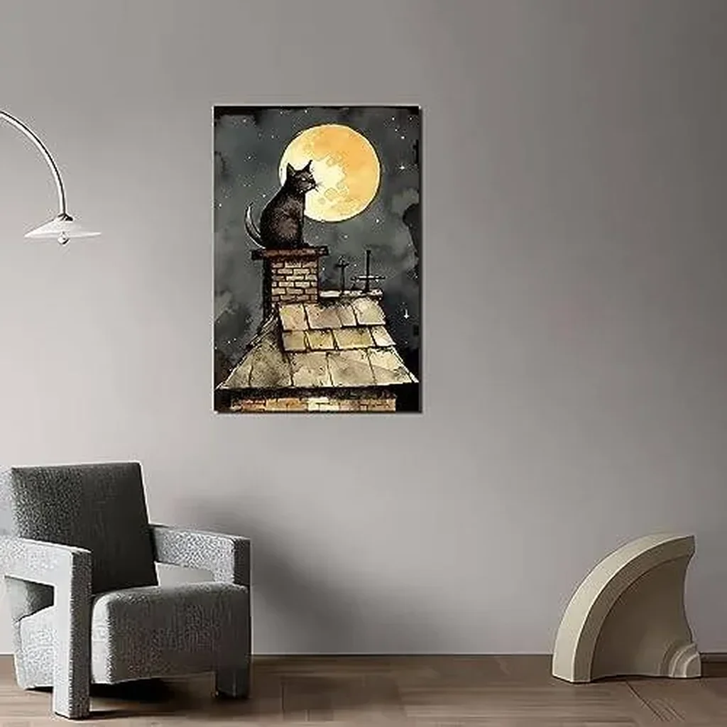 ALAYRA Cat Poster Cat in The Moonlight Bored Cat on The Roof Kids Bedroom Cat Wall Decor Poster Decorative Painting Canvas Wall Art Living Room Posters Bedroom Painting 16x24inch(Unframed) 01 - Image 4