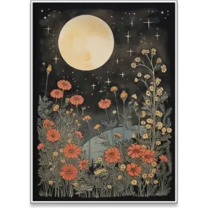 ALAYRA Celestial Star Canvas Wall Art, Vintage Poster, Dark Aesthetic Moon Stars and Flowers Decor, Prints Goth Room Picture Witchy Gothic Wall Decor for Living Room Bedroom 12 x 16 in Unframed 01