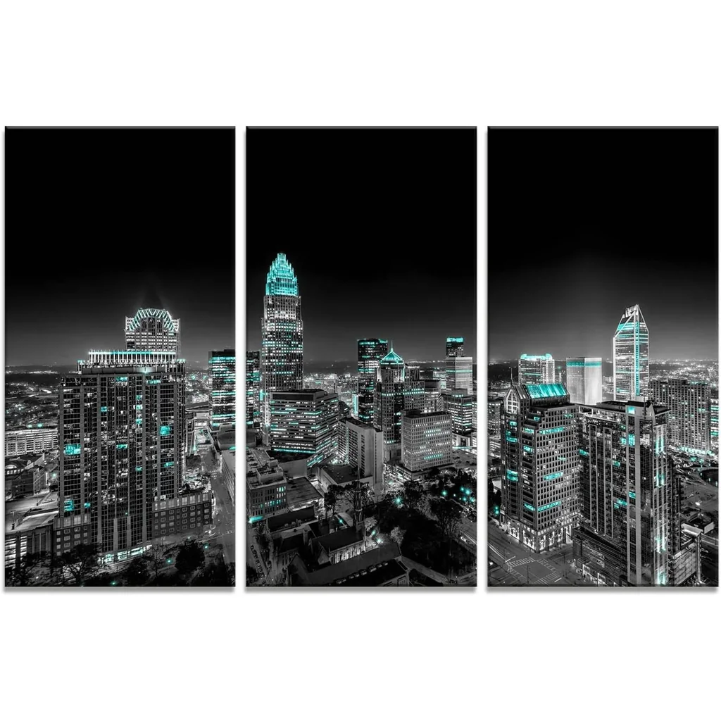 ALAYRA Charlotte City Wall Art North Carolina Cityscape Canvas Print Wall Decor Black and White Night View Pictures Framed Painting Poster Holiday Gift Home Bedroom Decoration(48''Wx32''H) 01