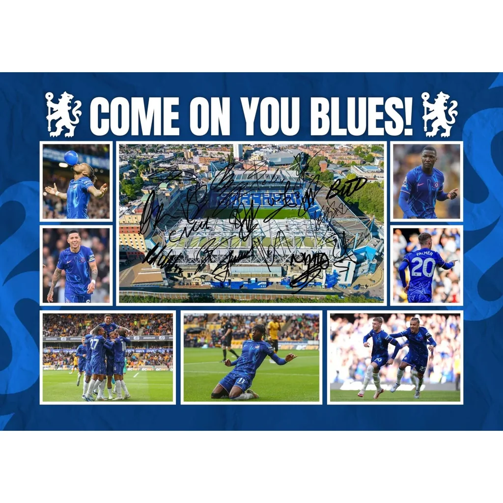 ALAYRA Chelsea ' Come On You Blues ' 2024/5 Team Football Players Multi Signed A4 Montage Photo Print Which Would Make A Great Gift For Any Fan. 01