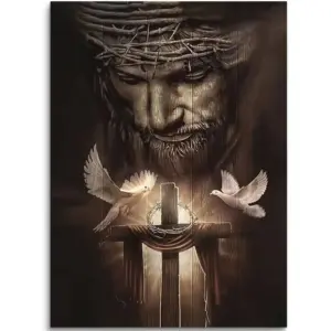 ALAYRA Christian Jesus Lion Canvas Wall Art Jesus And The Cross And The Dove Of Peace Wall Decor Jesus Artwork Christian Wall Art Picture of God Posters For Room Churches Ready To Hang 12x16 inch 01