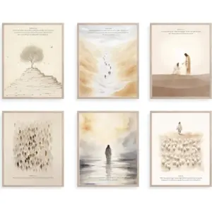 ALAYRA Christian Wall Art, Bible Verses Wall Decor, Scripture Classroom Painting, Jesus Poster, Bible Story Artwork for Home. (8" X 10", Set of 6, UNFRAMED) 01