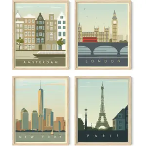 ALAYRA City Wall Art Vintage Travel Posters Set of 4 Travel Wall Art Posters of London, New York Print, Paris Wall Poster and Amsterdam City Wall Decor 8" x 10", Unframed 01