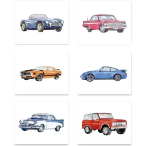 ALAYRA Classic Car Art Prints, Antique Car Poster, Retro Racecar Off-Road Vehicle Sports Car Canvas Wall Art for Teen Boy Bedroom Playroom Decor Set of 6 Unframed (8''x10'') Car Wall Art 01