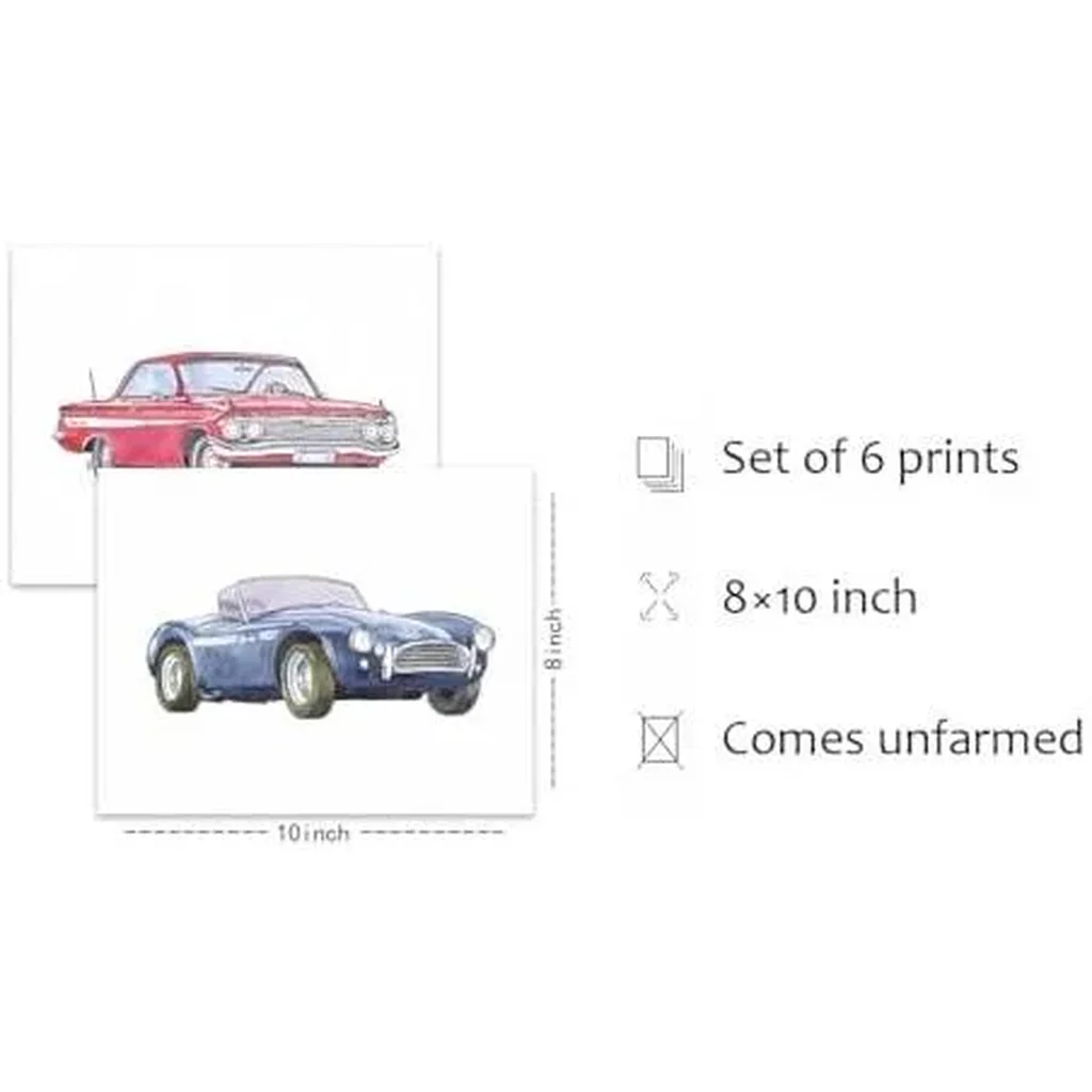 ALAYRA Classic Car Art Prints, Antique Car Poster, Retro Racecar Off-Road Vehicle Sports Car Canvas Wall Art for Teen Boy Bedroom Playroom Decor Set of 6 Unframed (8''x10'') Car Wall Art 01 - Image 2