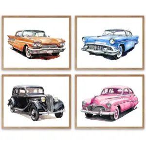 ALAYRA Classic Car Art Prints, Retro Old Cars Canvas Wall Art, Vintage Classic Car Wall Poster, Vintage Car Artwork for Boys Room Nursery Decor Teens Bedroom Playroom Decor Set of 4(8X10 Unframed) 01