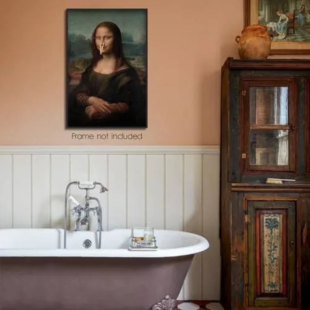 ALAYRA Classical Mona Lisa Painting Bathroom Canvas Wall Art, Vintage Funny Bathroom Poster, Humor Amusing Toilet Art Prints, Bathroom Girl Pinching Nose Funny Wall Decor 16x24in Unframed 01 - Image 2