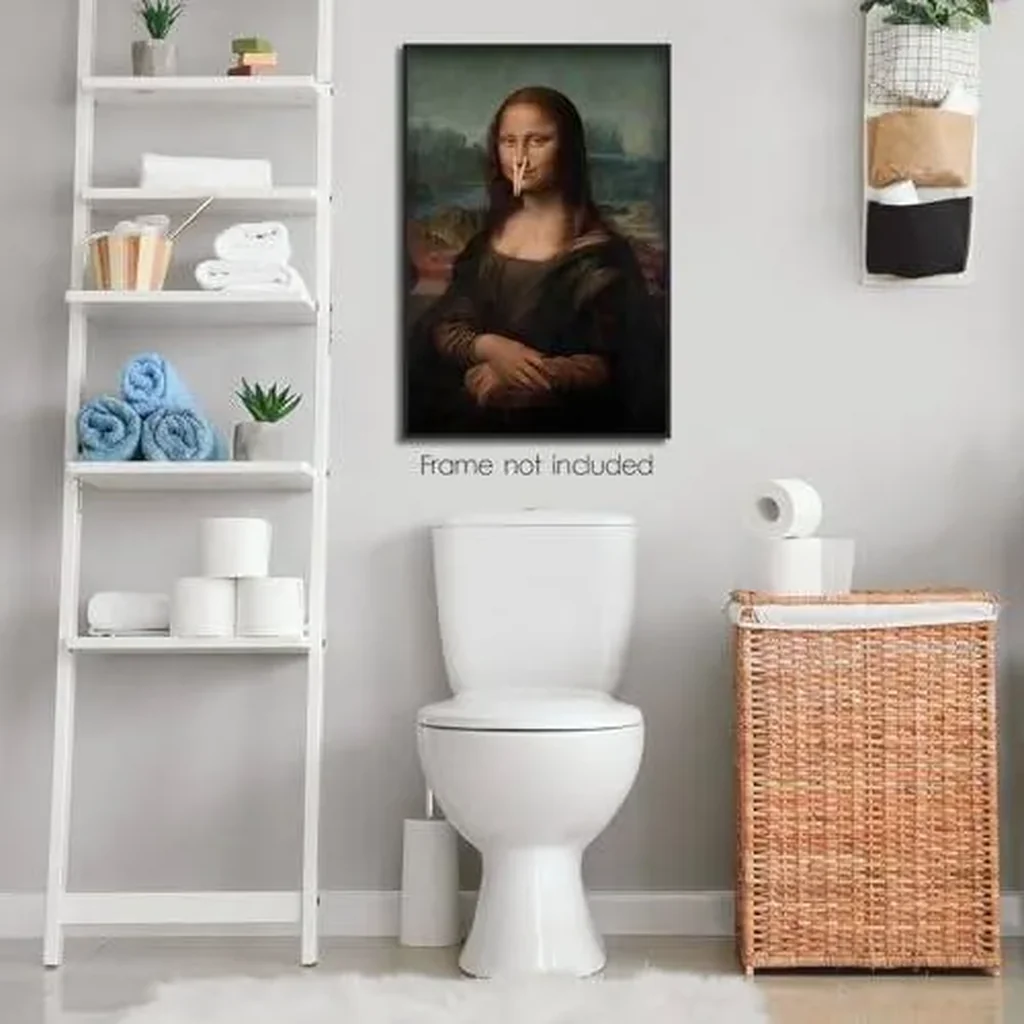 ALAYRA Classical Mona Lisa Painting Bathroom Canvas Wall Art, Vintage Funny Bathroom Poster, Humor Amusing Toilet Art Prints, Bathroom Girl Pinching Nose Funny Wall Decor 16x24in Unframed 01 - Image 3
