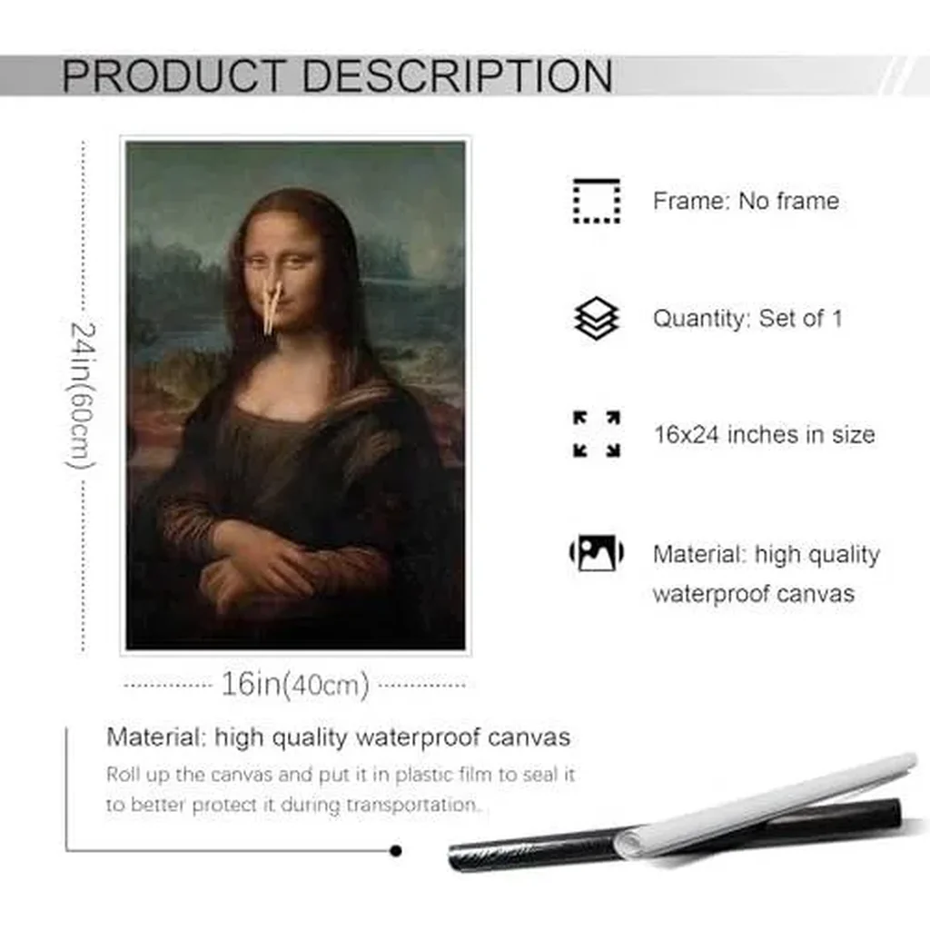 ALAYRA Classical Mona Lisa Painting Bathroom Canvas Wall Art, Vintage Funny Bathroom Poster, Humor Amusing Toilet Art Prints, Bathroom Girl Pinching Nose Funny Wall Decor 16x24in Unframed 01 - Image 4