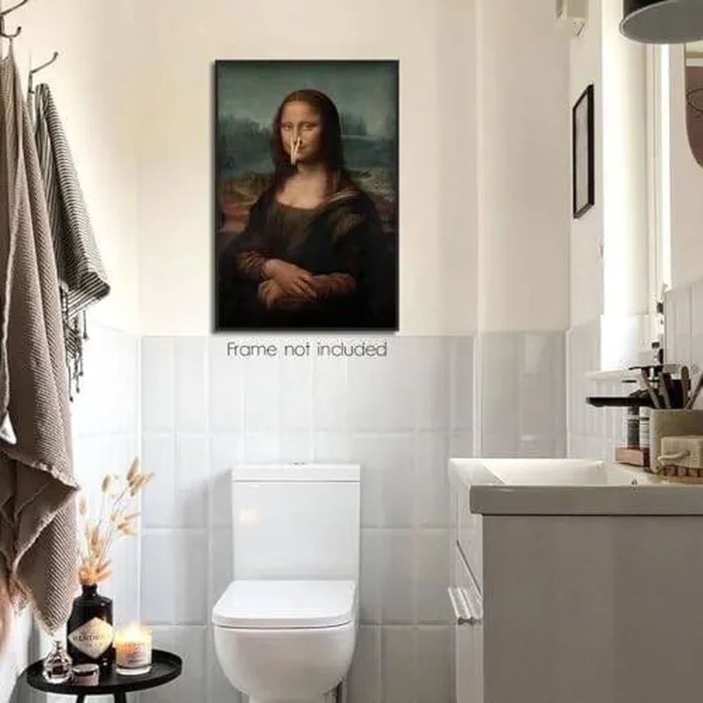 ALAYRA Classical Mona Lisa Painting Bathroom Canvas Wall Art, Vintage Funny Bathroom Poster, Humor Amusing Toilet Art Prints, Bathroom Girl Pinching Nose Funny Wall Decor 16x24in Unframed 01 - Image 5