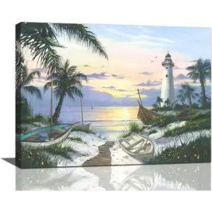ALAYRA Coastal Decor Wall Art Ocean Lighthouse Pictures Wall Decor Beach Palm Tree Lighthouse Canvas Painting Prints Modern Artwork Home Decoration for Bathroom Bedroom Living Room 12"x16" 01