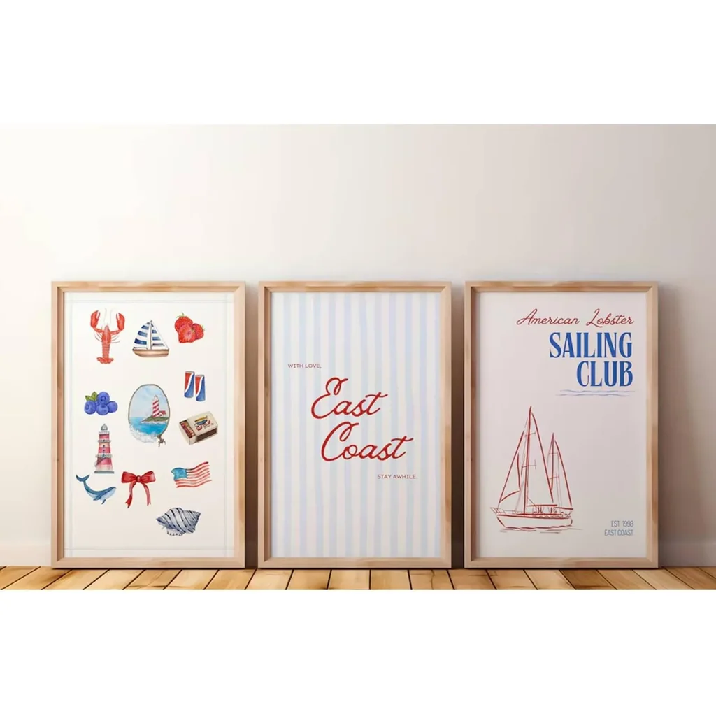 ALAYRA Coastal Wall Art Preppy Aesthetic Wall Decor Trendy East Coast Wall Art Sailboat Prints Vintage Beach Pictures Coastal Poster for Living Room Bedroom 12x16 Inch Unframed Set of 3 01