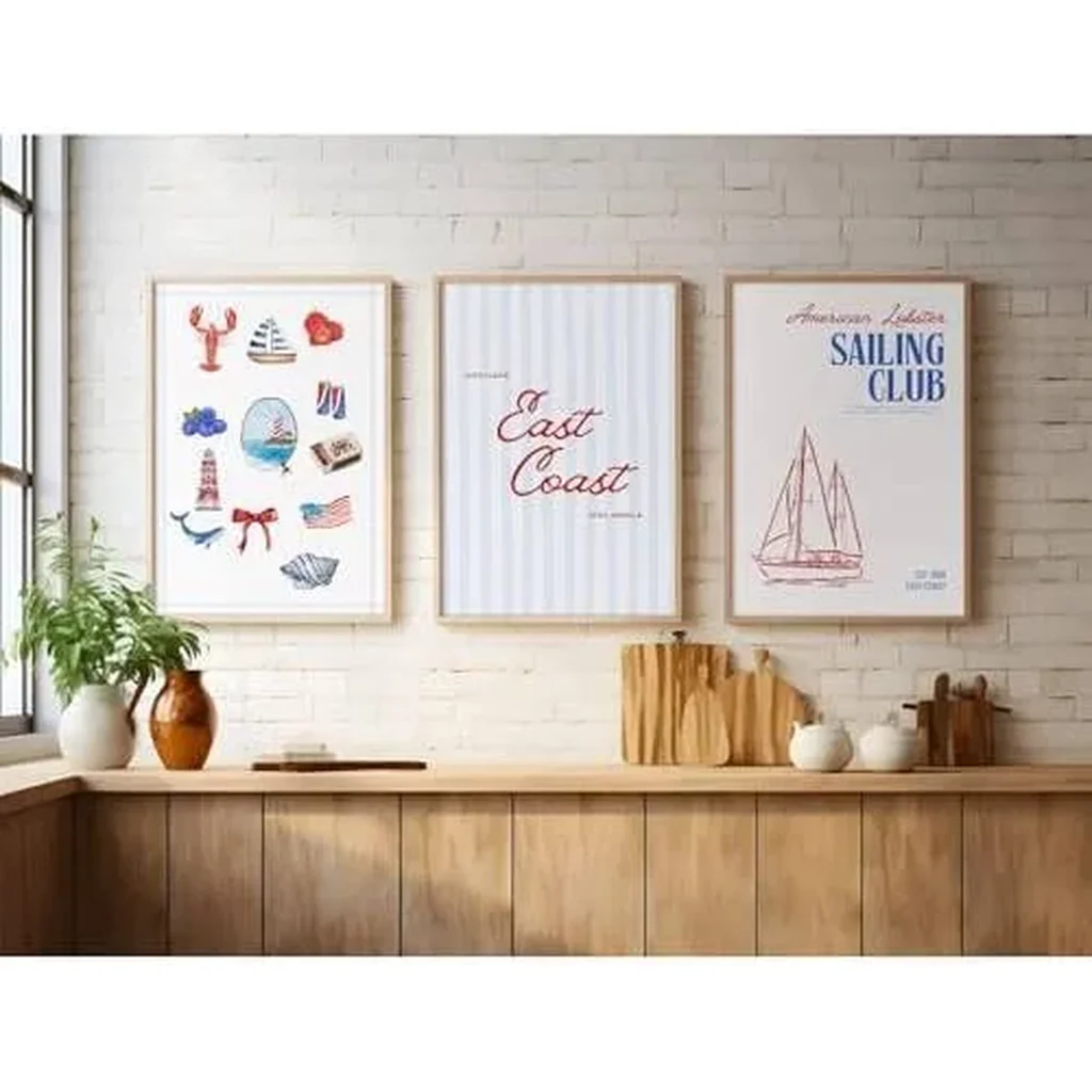 ALAYRA Coastal Wall Art Preppy Aesthetic Wall Decor Trendy East Coast Wall Art Sailboat Prints Vintage Beach Pictures Coastal Poster for Living Room Bedroom 16x24 Inch Unframed Set of 3 01 - Image 2