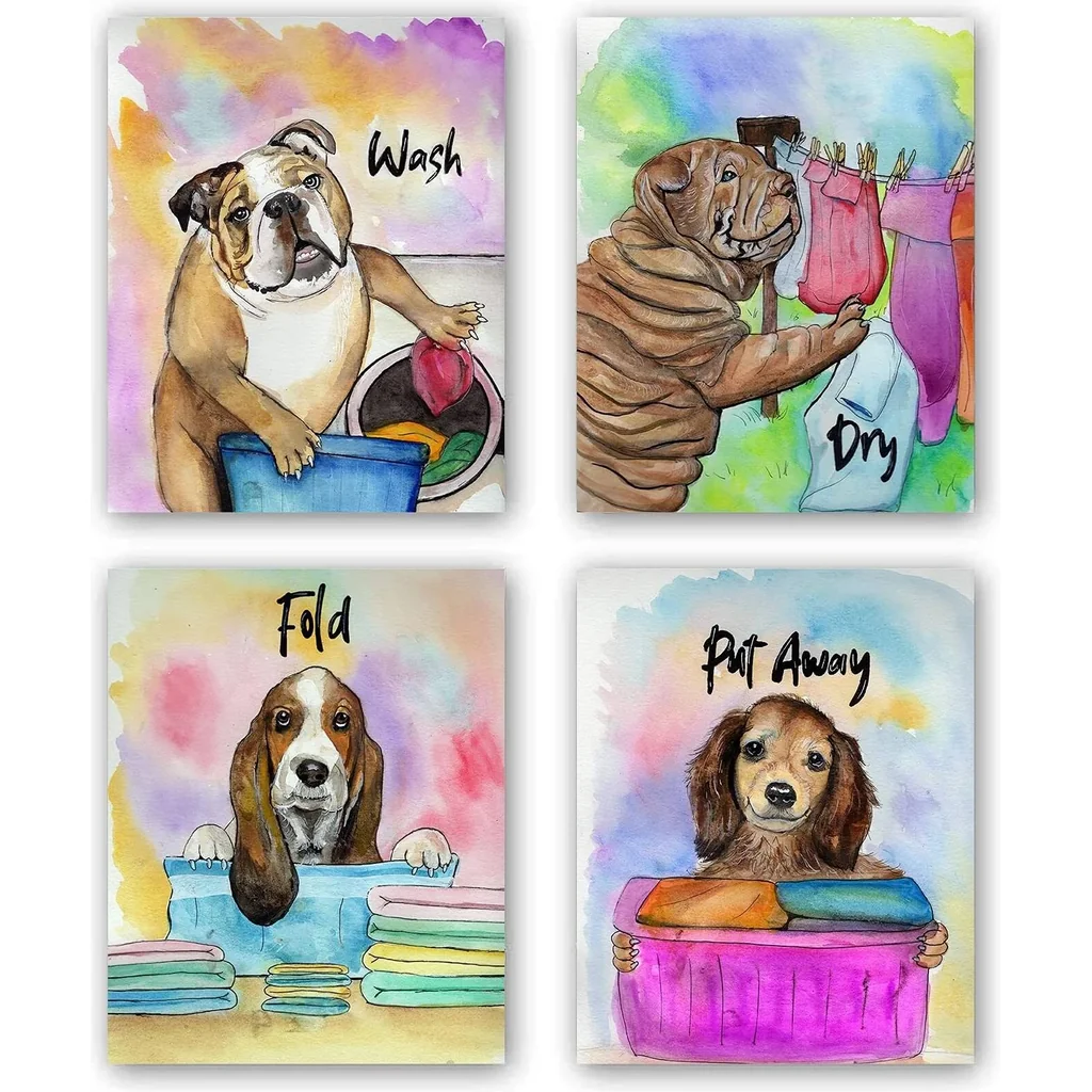 ALAYRA Colorful Puppies Laundry Room Art Decor Poster, Dog Doing Laundry, Funny Laundry Room Saying Wash Dry Fold Repeat Poster, Canvas Wall Art Printing for Home Decoration, Set of 4(8"X10", Unframed