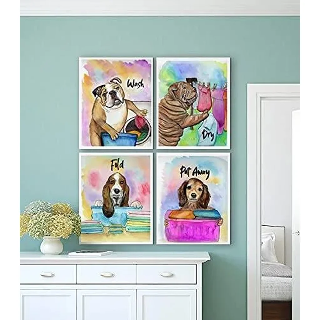 ALAYRA Colorful Puppies Laundry Room Art Decor Poster, Dog Doing Laundry, Funny Laundry Room Saying Wash Dry Fold Repeat Poster, Canvas Wall Art Printing for Home Decoration, Set of 4(8"X10", Unframed - Image 4