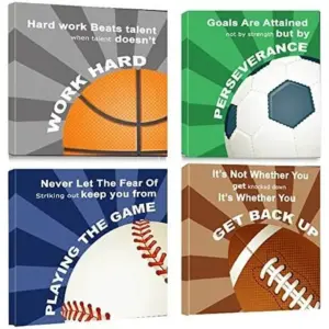 ALAYRAColorful Sports Inspirational Quotes Framed Canvas Wall Art -Motivational Basketball Baseball Soccer Football Quotes Sport Art Wall Decor for Kids Boys Room Classroom -12"x12"x4pcs 01